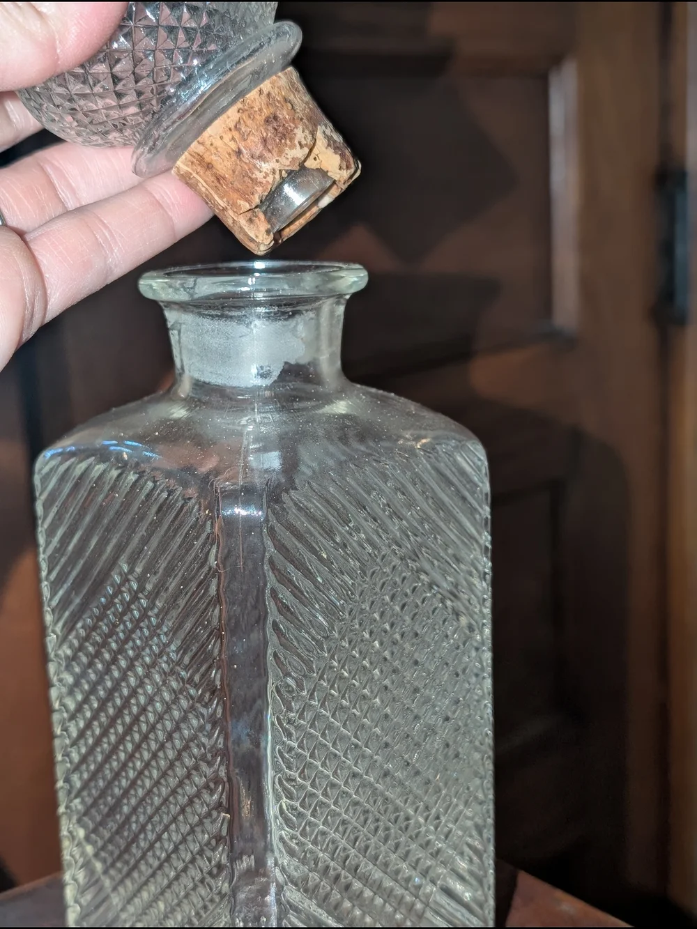 Vintage Glass Diamond Cut Pattern Decanter with Stopper
